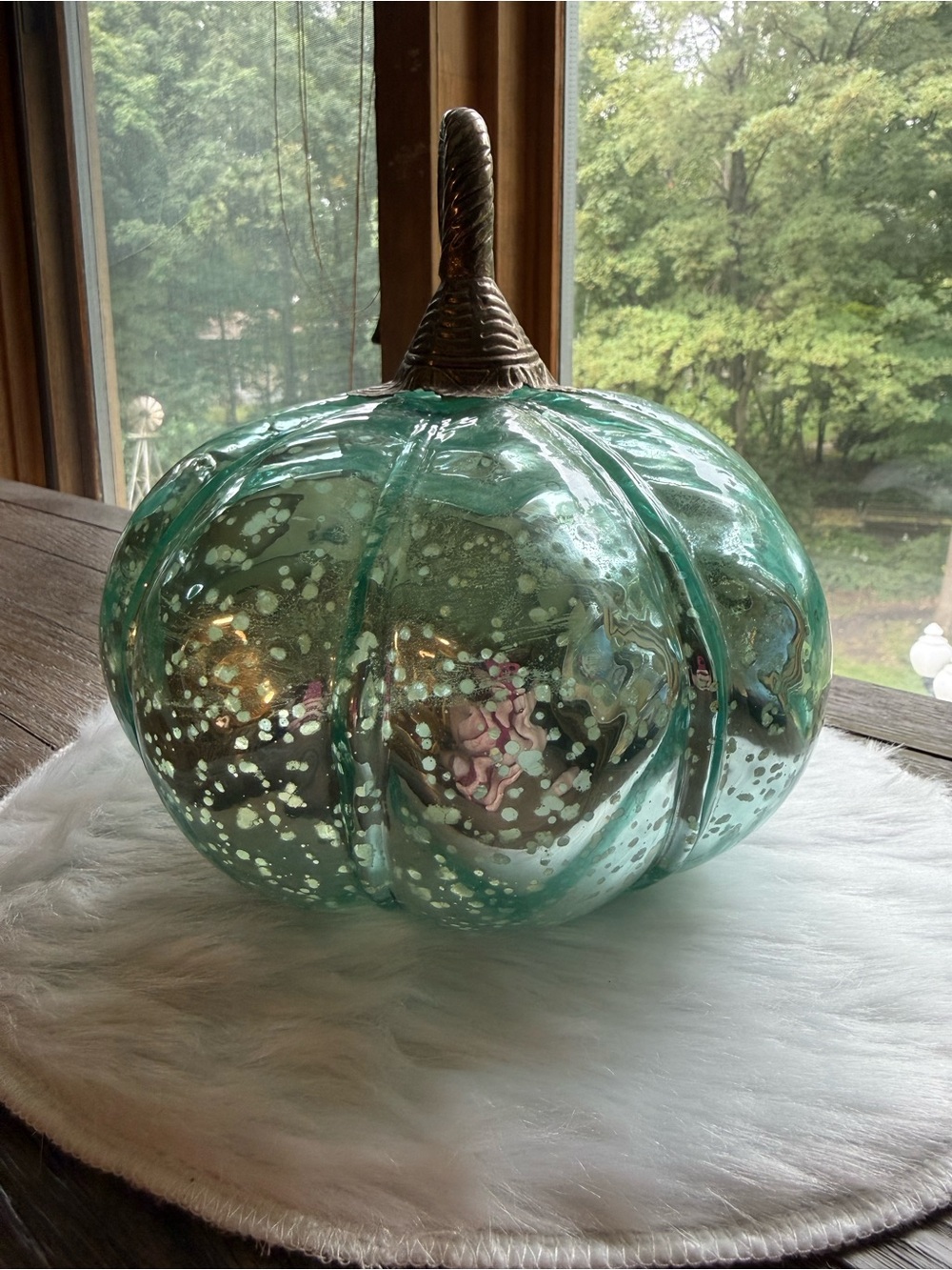 Light Up Teal Glass Pumpkin Accent with Brass Stem